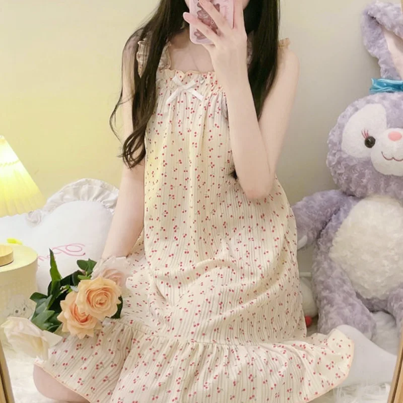 New Summer Korean Style Women's Halter Nightgown Homewear Girls Loose Small Floral Dress Students Sweet Homewear Dresses