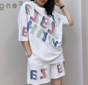 Oversized summer short-sleeved T-shirt and shorts casual set, Rhinestone wide-leg pants two-piece women's set - Image 4