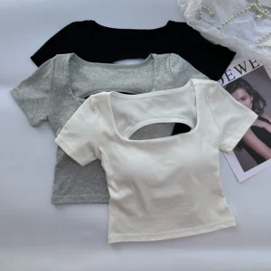 T-shirt Woman clothing Square Neckline tops Short Sleeve crop top with bras for women girls sexy street wear Backless top tees - Image 5