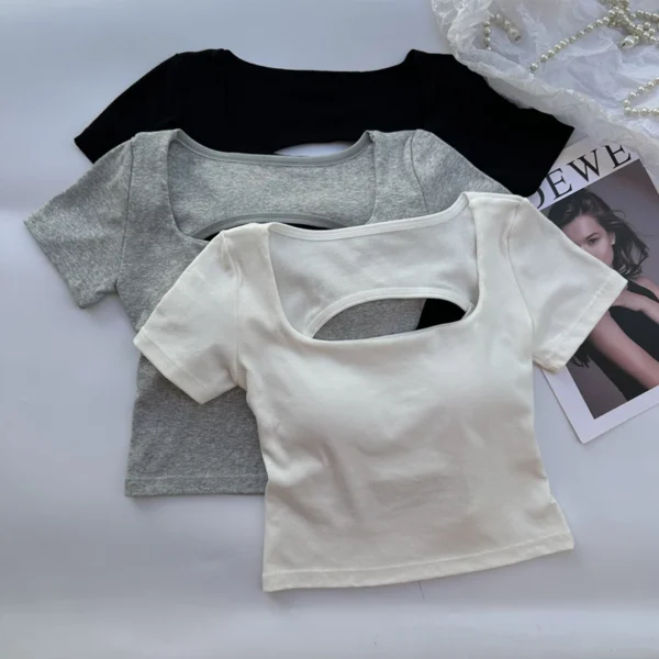 T-shirt Woman clothing Square Neckline tops Short Sleeve crop top with bras for women girls sexy street wear Backless top tees - Image 5