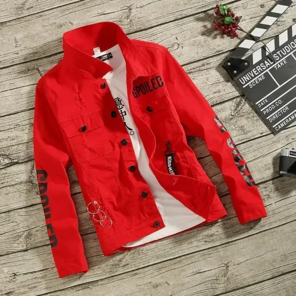Denim Jackets Man Punk Ripped Jeans Coat for Men Slim Fit with Print Hole Winter 2024 Cheap Price Stylish on Board Fast Delvery - Image 5