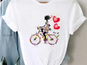 Fashion Women's T-shirt Floral Bicycle Print T-shirt Women's Cartoon Streetwear Tshirt Tops Aesthetic Clothes Oversized T Shirt