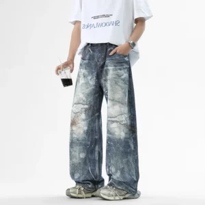 Mens Washed High Street Retro Pants Splashing Ink Color Piercing Printed Jeans High Street Trendy Brand Men Clothing Baggy Jeans - Image 3