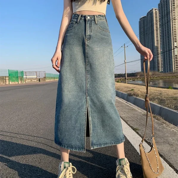 Summer New High-waist Slit Denim Skirt For Women Washed Retro A- line Skirt Hip-covering Straight Long Skirt - Image 3