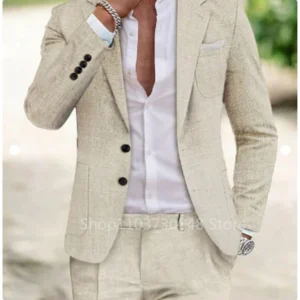 Light Blue/Beige Linen Summer Men Suits Notch Lapel Slim Fit Two Buttons Blazer Pants Groom Tuxedos Wedding Prom 2 Piece Sets