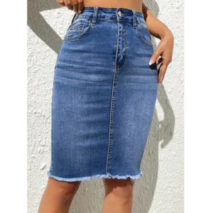 ﻿ ﻿ Women High Waist Denim Skirts Ladies Stretch Jeans Knee Length Casual Bodycon Skirt - Image 3