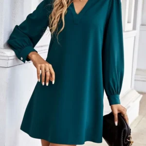 Office Lady Shirt Style Dresses Women's V-neck Long Sleeved Mini Dress Spring Autumn Solid Color Work Clothes