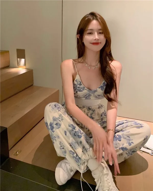 2025 New Summer 2 Piece Sets Sexy Strap Sleeveless Floral Print Tank Tops Wide Leg Pants Suit Casual Holiday Hot Girl Streetwear - Image 5