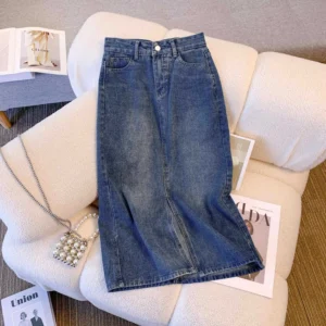 Women Washed Long Denim Skirt Vintage Fashion High Waist Skirt Streetwear Korean All-Match Straight Female A-Line Jeans Skirt - Image 5