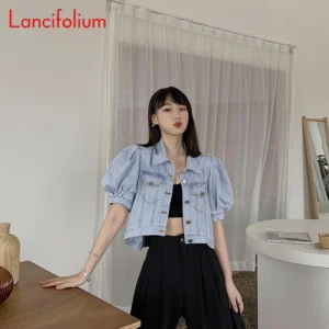 Summer Thin Basic Korean Fashion Baggy Denim Jacket Dress Suit Pants Matching Short Puff Sleeve Crop Top Jeans Jacket Women 2022 - Image 6