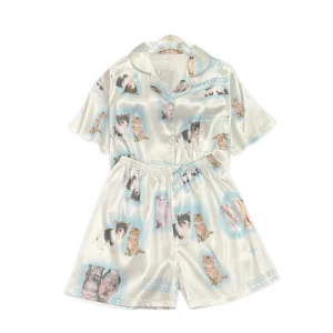 Kawaii Youth Girl's Satin Homewear Short Long Fashion Pyjama Cute Cat Print Summer New Thin Pajamas for Women Silk Home Set - Image 6