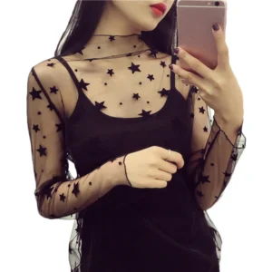 Women Fashion T-Shirts Tulle Mesh Versatile Long Sleeve Ladies Printed Tops Casual Thin Base Blouses Lace Sheer Blouses - Image 6