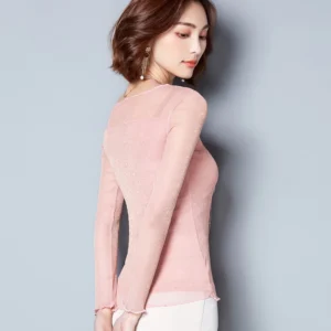 Glitter Mesh Blouse Sexy Womens Shirts Long Sleeve Tops Korean Black Pink O-Neck Elegant Slim Blouse Camisas Femininas - Image 5