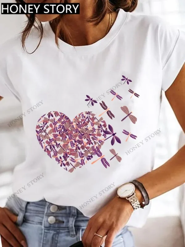 Explosive Dragonfly Butterfly Print Base Top Loose Women's Short-sleeved T-shirt Round Neck Oversized T Shirt Women Clothes TEE - Image 5