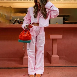 Chic Patchwork Long Pant Sets For Women 2024 Spring Lapel Long Sleeve Blouse Wide Leg Trousers 2 Pieces Sets Lady Streetwear