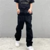 Letter Embroidery Black Men's Baggy Jeans Dark Style Hip Hop High Street Loose Straight Man Jeans American Retro Y2K Man Pants - Image 5