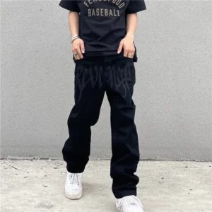 Letter Embroidery Black Men's Baggy Jeans Dark Style Hip Hop High Street Loose Straight Man Jeans American Retro Y2K Man Pants - Image 5