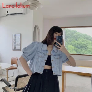 Summer Thin Basic Korean Fashion Baggy Denim Jacket Dress Suit Pants Matching Short Puff Sleeve Crop Top Jeans Jacket Women 2022 - Image 7