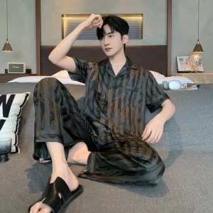 Plus Size Men Black Striped Short-Sleeve Long Pants Thin Pajama Set Cardigan Homewear Nightwear Youth Student Simple Sleepwear - Image 5