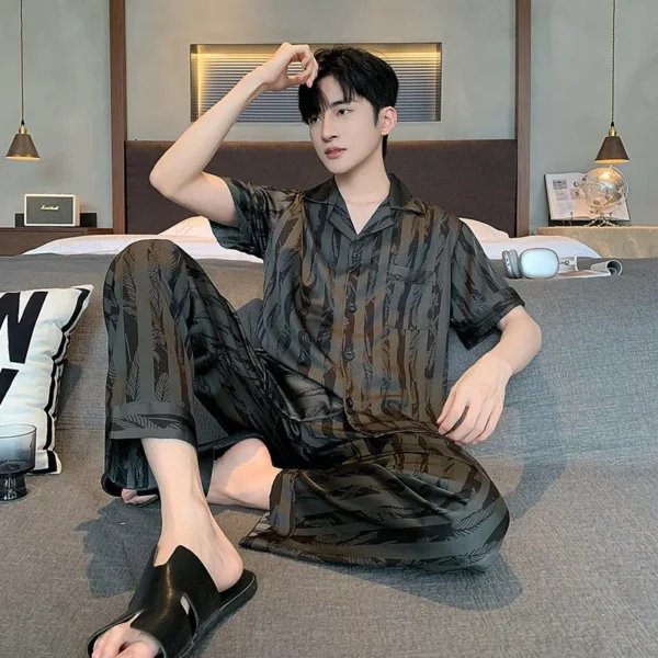 Plus Size Men Black Striped Short-Sleeve Long Pants Thin Pajama Set Cardigan Homewear Nightwear Youth Student Simple Sleepwear - Image 5