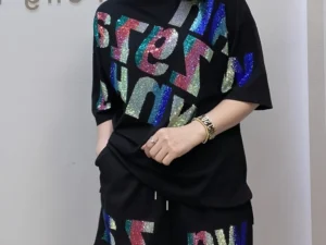 Oversized summer short-sleeved T-shirt and shorts casual set, Rhinestone wide-leg pants two-piece women's set