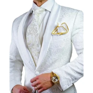 Handsome Men Suits White Jacquard One Button Shawl Lapel Slim Fit Blazer Elegant Business Prom Party 2 Piece Jacket Pants Sets - Image 4