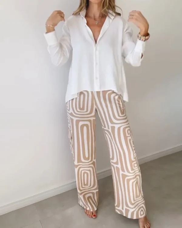 Elegant Office Lady Casual Suit Fashion Solid Long Sleeve Lapel Shirt Elastic Waist Print Trousers Two Piece Set 2024 Autumn New - Image 5