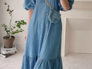 ZANZEA Women Denim Blue Robes Longue Oversized Fashion Summer Puff Sleeve Maxi Vestidos Retro Dress Casual Solid Baggy Sundress