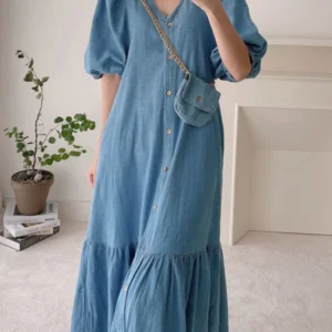 ZANZEA Women Denim Blue Robes Longue Oversized Fashion Summer Puff Sleeve Maxi Vestidos Retro Dress Casual Solid Baggy Sundress