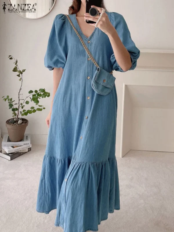 ZANZEA Women Denim Blue Robes Longue Oversized Fashion Summer Puff Sleeve Maxi Vestidos Retro Dress Casual Solid Baggy Sundress