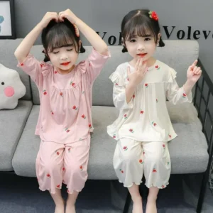 Summer Children's Pajama Sets for 1-9 Years Baby Girls Clothes Suit Cute Floral Ice Silk Kids Clothes Top+Pants Pajamas for Kids