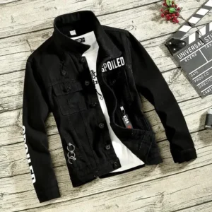Denim Jackets Man Punk Ripped Jeans Coat for Men Slim Fit with Print Hole Winter 2024 Cheap Price Stylish on Board Fast Delvery - Image 4