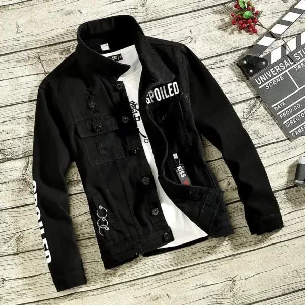 Denim Jackets Man Punk Ripped Jeans Coat for Men Slim Fit with Print Hole Winter 2024 Cheap Price Stylish on Board Fast Delvery - Image 4