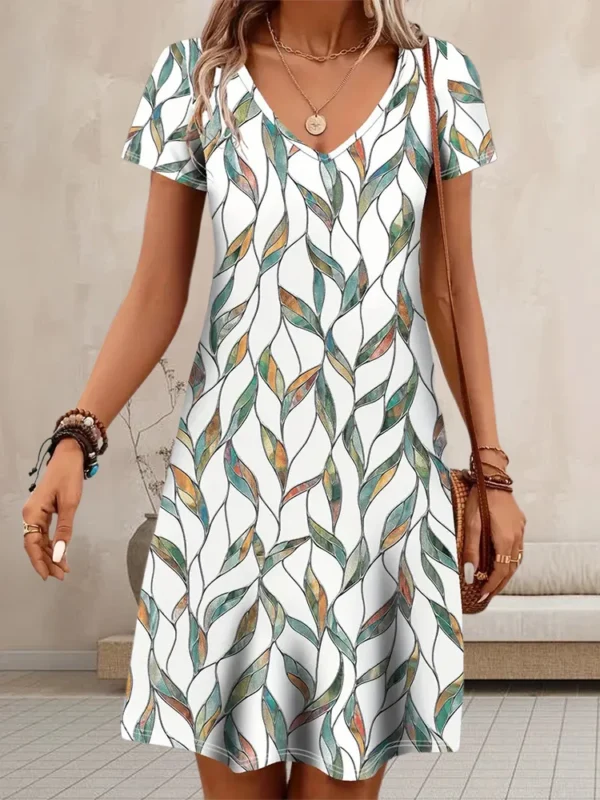 Casual Well-Fitted Printed Short Dress For Women Summer Elegant And Retro Lady's V-Neck Short-Sleeved Straight Knee-Length Dress - Image 4