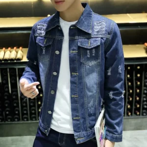 Denim Jackets Man Blue In Lowest Price Jeans Coat For Men With Hole Wide Sleeves Ripped Of Fabric Vintage Worn Stylish Y2k - Image 4
