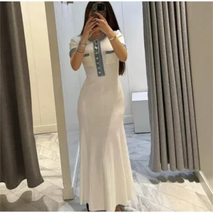 Elegant Contrasting Women Knit Maxi Dress Chic O-neck Short Sleeve Metal Buttons Bodycon Dresses Office Lady Commuting Robe - Image 5