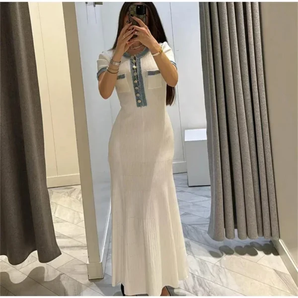 Elegant Contrasting Women Knit Maxi Dress Chic O-neck Short Sleeve Metal Buttons Bodycon Dresses Office Lady Commuting Robe - Image 5