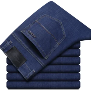 Summer New Elastic Men's Jeans Fashion Comfortable Business Straight Stretch Cotton Casual Denim Pants Brand Male Thin Trousers