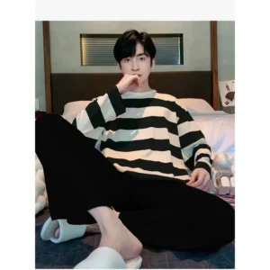 Striped Plus Size Men Pajamas Summer Long Sleeve Casual Sports Loose Black Round Neck T-Shirt and Long Pants Two-Piece Set - Image 6