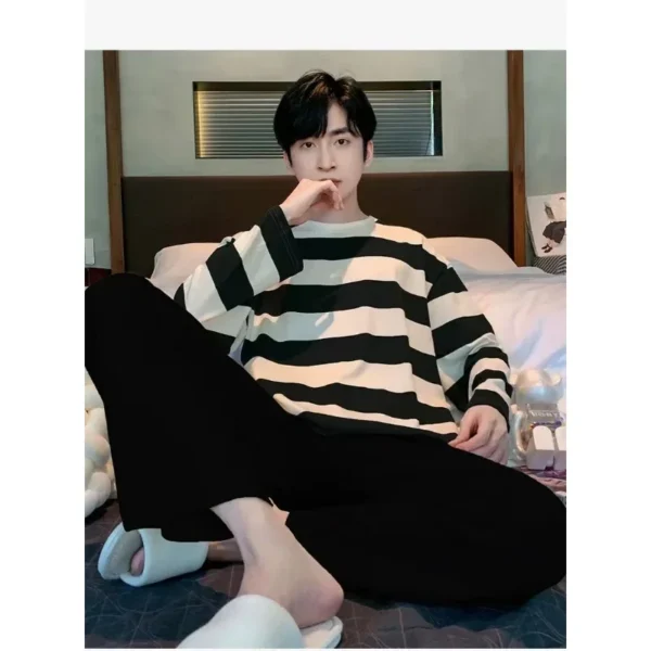 Striped Plus Size Men Pajamas Summer Long Sleeve Casual Sports Loose Black Round Neck T-Shirt and Long Pants Two-Piece Set - Image 6