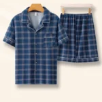 Men's Summer Thin Plaid Open Cardigan Collar Sleepwear Large Size Outdoor Wearable Home Clothes Two-Piece Set Comfortable Pajama