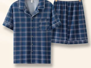 Men's Summer Thin Plaid Open Cardigan Collar Sleepwear Large Size Outdoor Wearable Home Clothes Two-Piece Set Comfortable Pajama