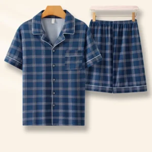 Men's Summer Thin Plaid Open Cardigan Collar Sleepwear Large Size Outdoor Wearable Home Clothes Two-Piece Set Comfortable Pajama