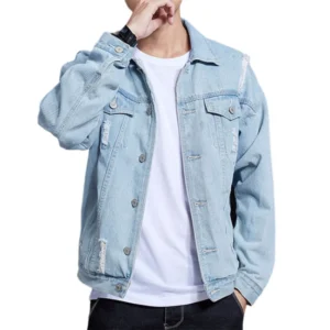Spring and Autumn New Men's Casual Loose Work Coat Trendy Hole Denim Jacket - Image 4