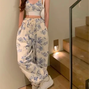 2025 New Summer 2 Piece Sets Sexy Strap Sleeveless Floral Print Tank Tops Wide Leg Pants Suit Casual Holiday Hot Girl Streetwear