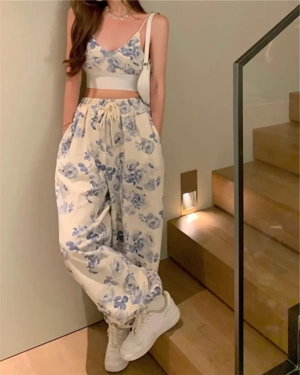 2025 New Summer 2 Piece Sets Sexy Strap Sleeveless Floral Print Tank Tops Wide Leg Pants Suit Casual Holiday Hot Girl Streetwear