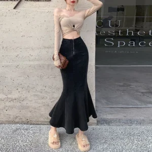 Long Denim Skirt for Women High Waist Autumn Blue Slim Jean Fishtail Skirt Korean Fashion Skinny Solid Elastic Slit Skirt Women - Image 4