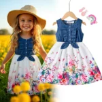 One Piece Patchwork Denim Like Top Printed Dress for Kids Girl Summer Sleeveless Toddler Clothing 2-10Y Baby Girl Outfit Fashion