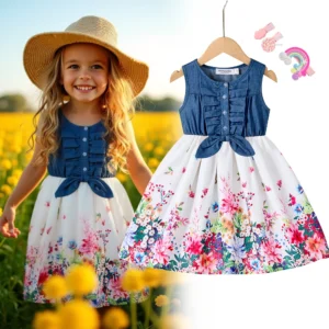 One Piece Patchwork Denim Like Top Printed Dress for Kids Girl Summer Sleeveless Toddler Clothing 2-10Y Baby Girl Outfit Fashion