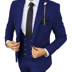 Formal dark blue Men 3 Pieces Tuxedos Slim Fit navy blue Business Suits Groom Champagne Tuxedos Wedding Suit (Blazer+Pants+Vest)